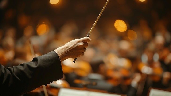 Dirigentenhand mit Taktstock vor einem unscharfen Orchester